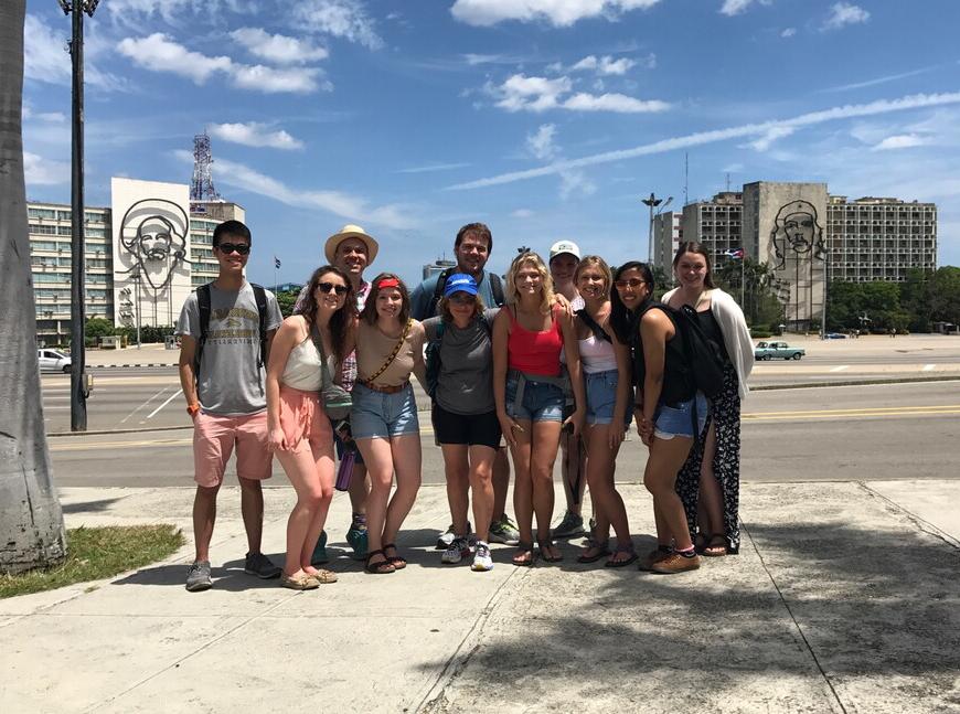 Students visit the iconic Revolution Square in Havana, Cuba.